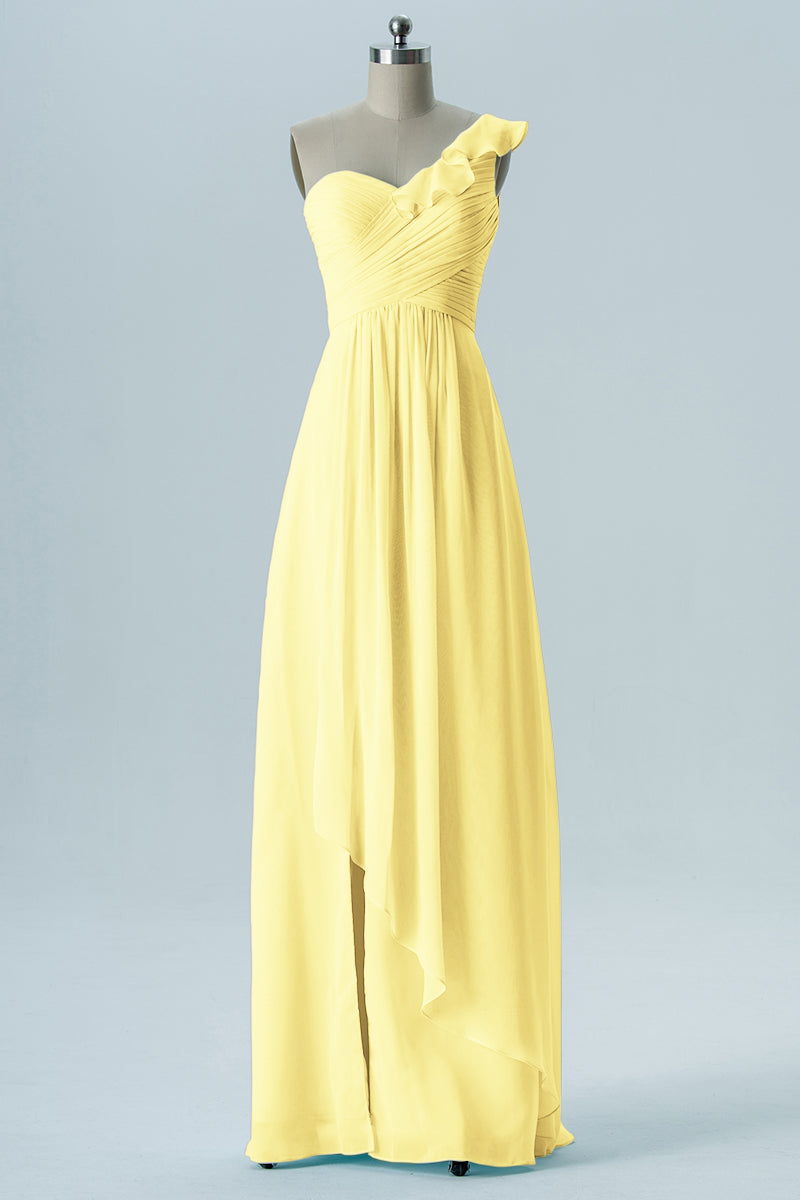 Chiffon Column One Shoulder Short Sleeves Bridesmaid Dress-B13620