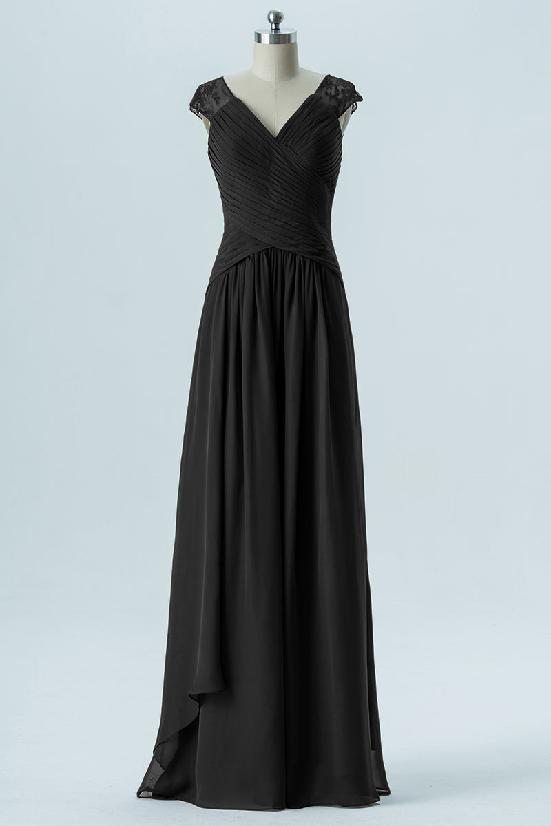 Chiffon Column Straps Cap Sleeves Bridesmaid Dress-B13637