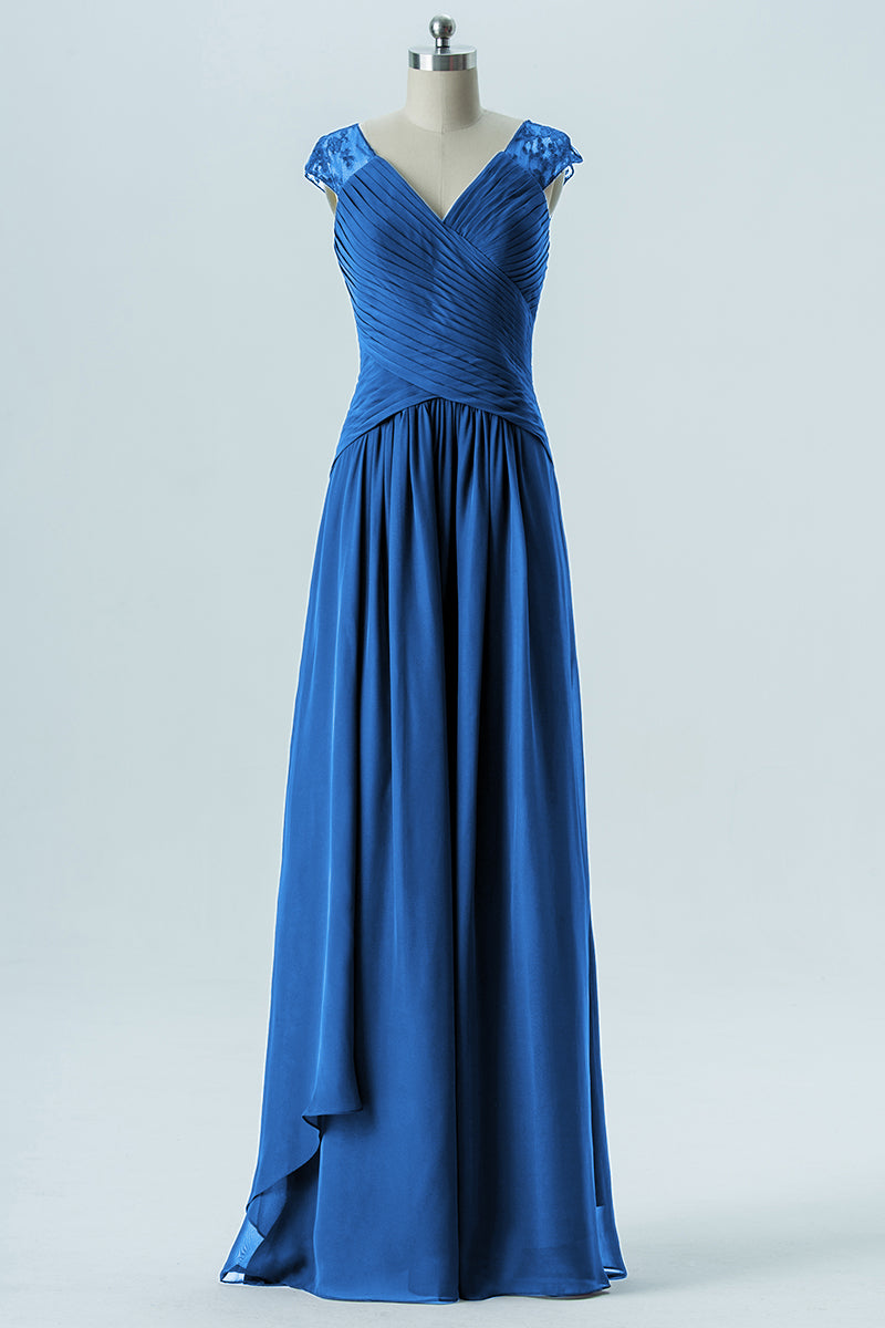 Chiffon Column Straps Cap Sleeves Bridesmaid Dress-B13637
