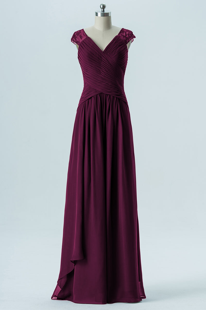 Chiffon Column Straps Cap Sleeves Bridesmaid Dress-B13637