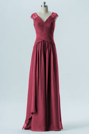 Chiffon Column Straps Cap Sleeves Bridesmaid Dress-B13637