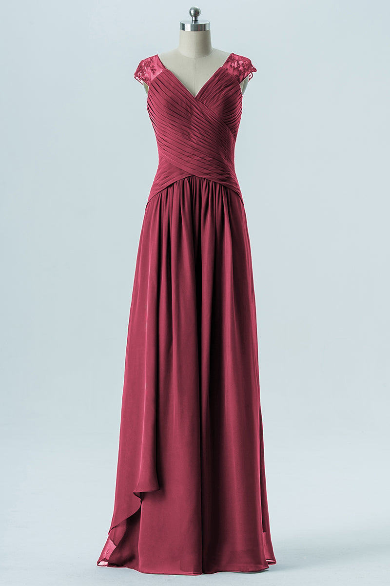 Chiffon Column Straps Cap Sleeves Bridesmaid Dress-B13637