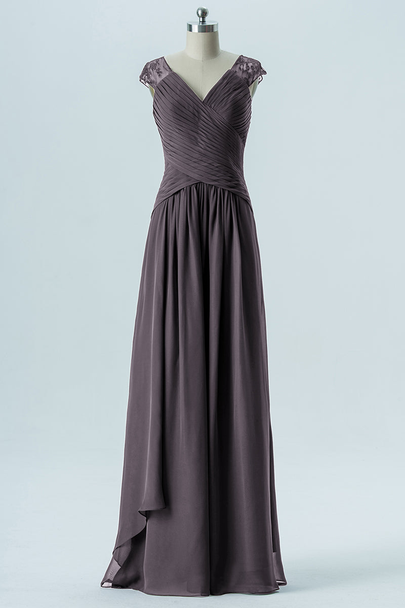 Chiffon Column Straps Cap Sleeves Bridesmaid Dress-B13637