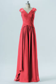 Chiffon Column Straps Cap Sleeves Bridesmaid Dress-B13637