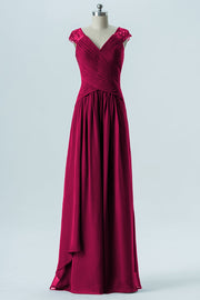 Chiffon Column Straps Cap Sleeves Bridesmaid Dress-B13637