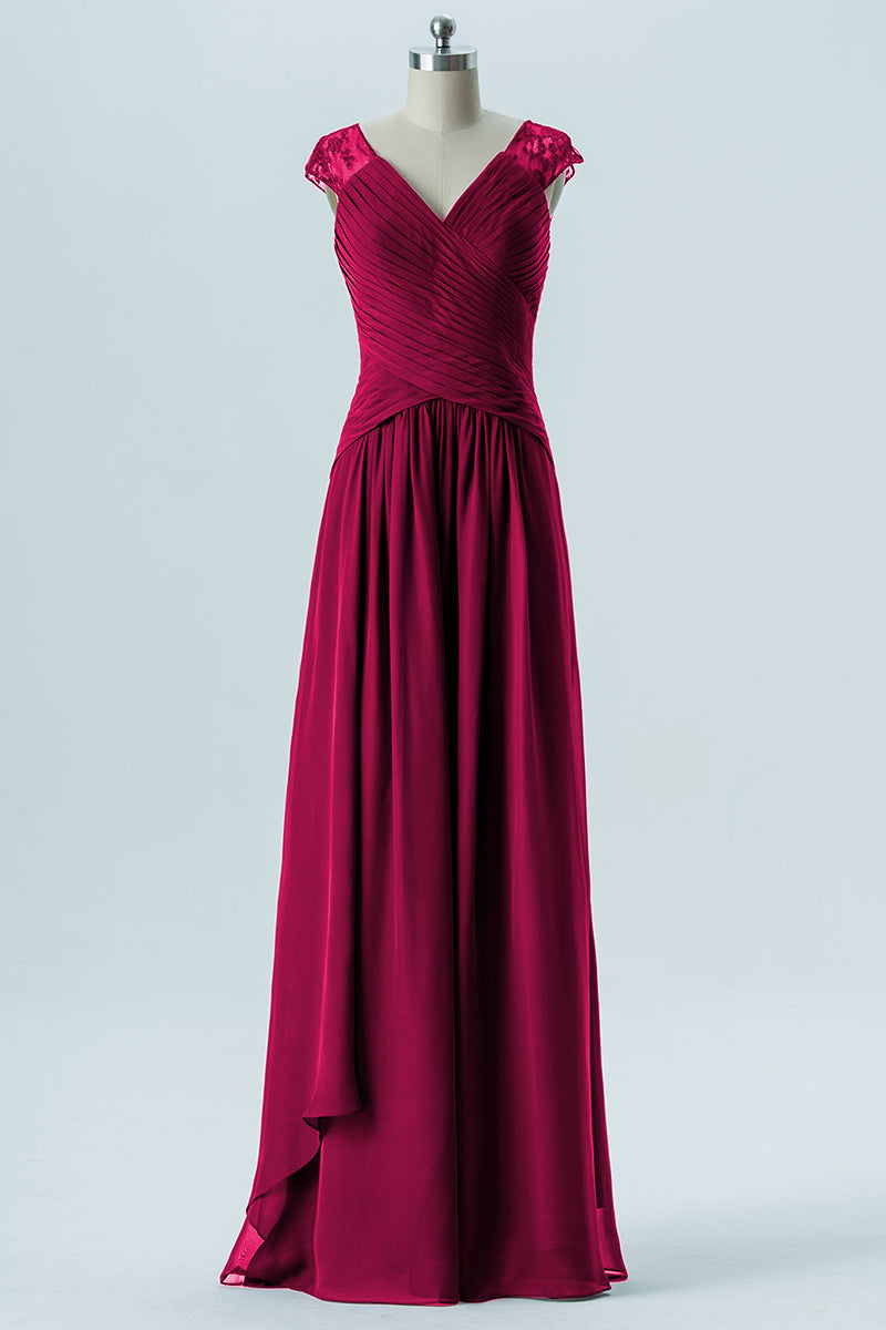 Chiffon Column Straps Cap Sleeves Bridesmaid Dress-B13637