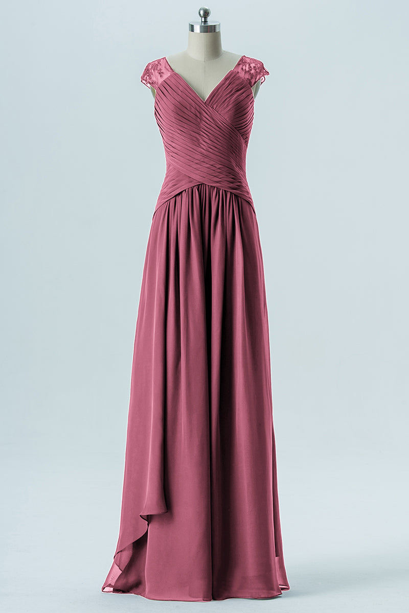 Chiffon Column Straps Cap Sleeves Bridesmaid Dress-B13637