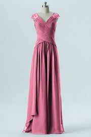 Chiffon Column Straps Cap Sleeves Bridesmaid Dress-B13637