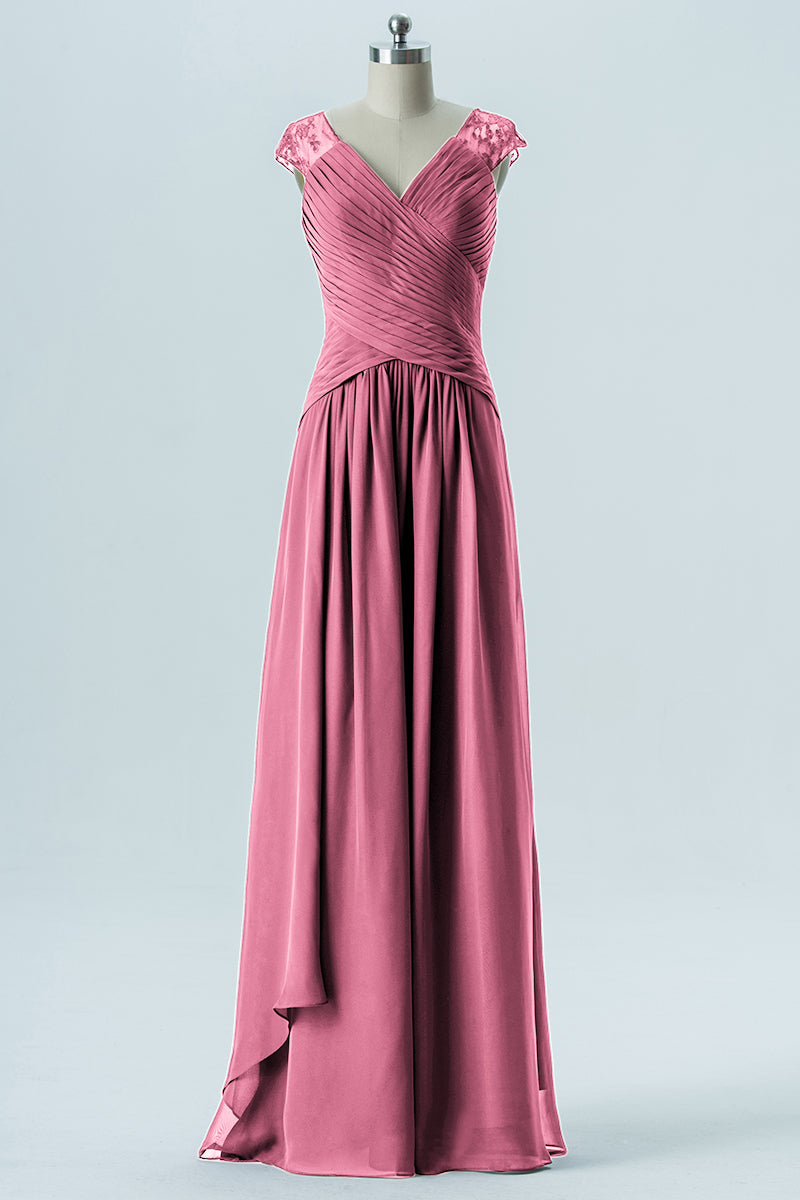 Chiffon Column Straps Cap Sleeves Bridesmaid Dress-B13637