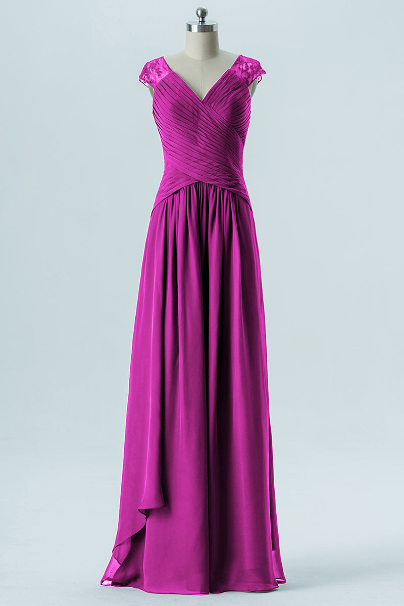Chiffon Column Straps Cap Sleeves Bridesmaid Dress-B13637