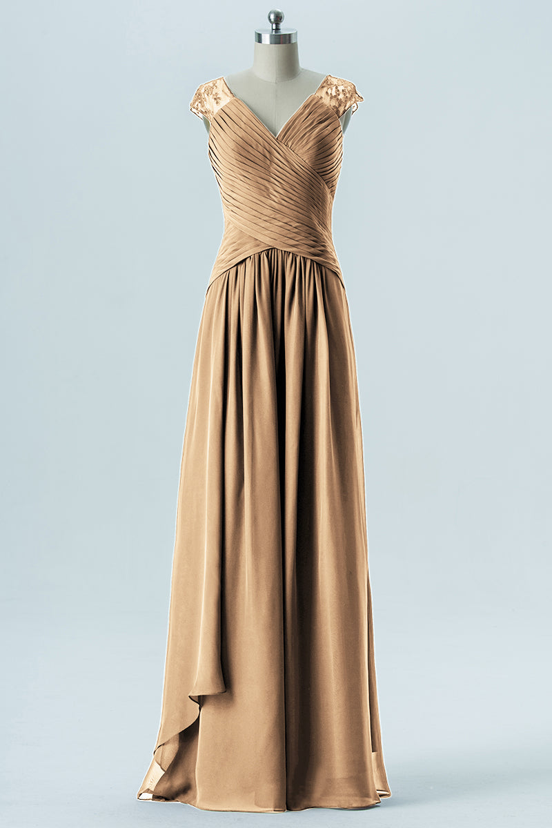Chiffon Column Straps Cap Sleeves Bridesmaid Dress-B13637