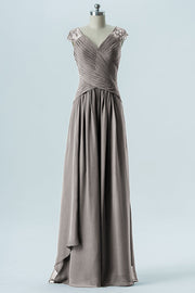 Chiffon Column Straps Cap Sleeves Bridesmaid Dress-B13637