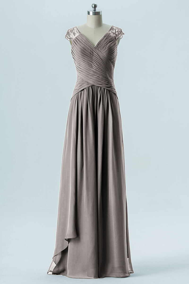 Chiffon Column Straps Cap Sleeves Bridesmaid Dress-B13637
