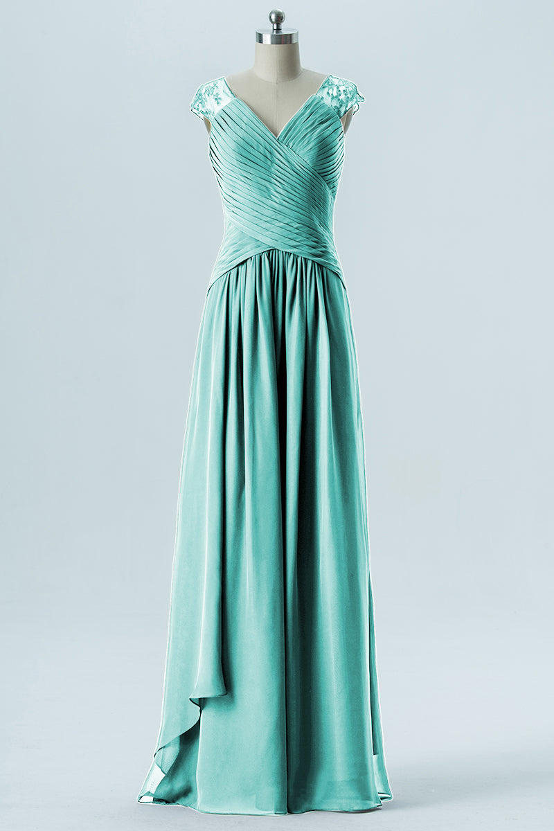 Chiffon Column Straps Cap Sleeves Bridesmaid Dress-B13637