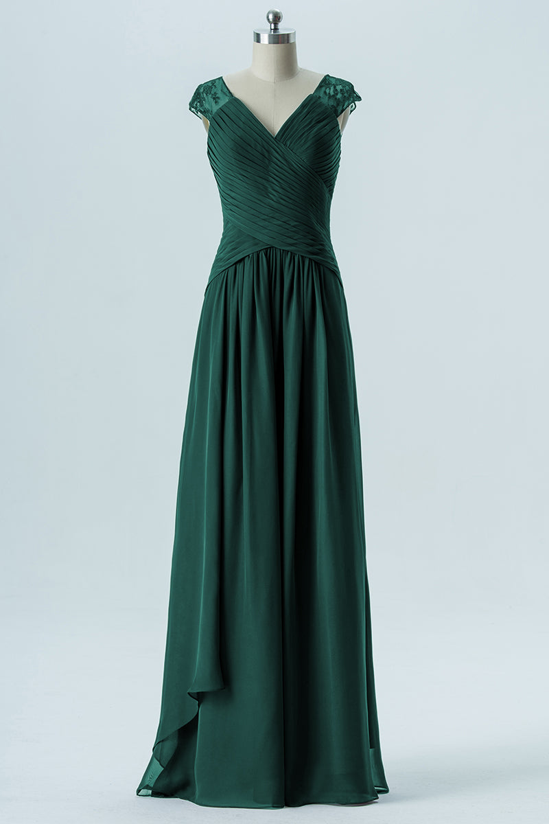 Chiffon Column Straps Cap Sleeves Bridesmaid Dress-B13637