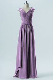 Chiffon Column Straps Cap Sleeves Bridesmaid Dress-B13637
