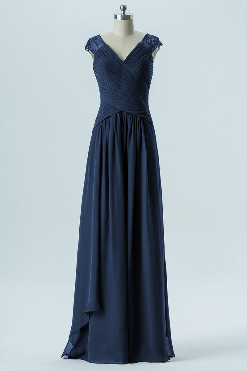 Chiffon Column Straps Cap Sleeves Bridesmaid Dress-B13637