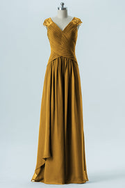 Chiffon Column Straps Cap Sleeves Bridesmaid Dress-B13637
