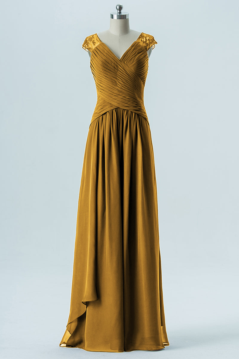 Chiffon Column Straps Cap Sleeves Bridesmaid Dress-B13637