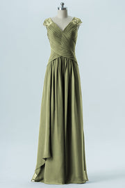 Chiffon Column Straps Cap Sleeves Bridesmaid Dress-B13637