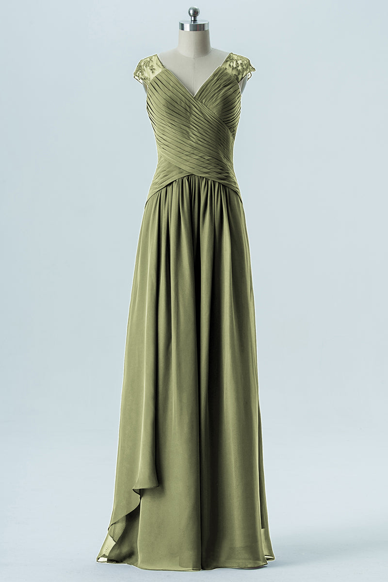 Chiffon Column Straps Cap Sleeves Bridesmaid Dress-B13637