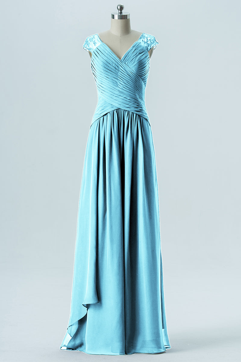 Chiffon Column Straps Cap Sleeves Bridesmaid Dress-B13637