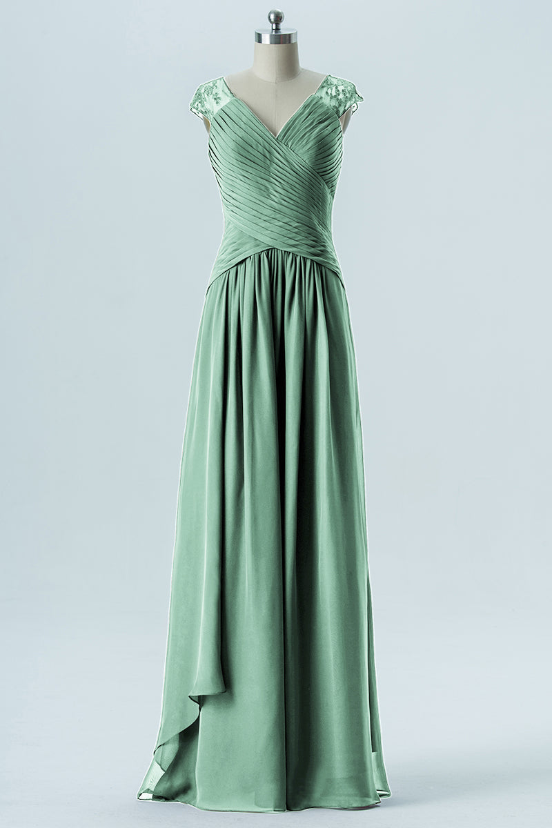 Chiffon Column Straps Cap Sleeves Bridesmaid Dress-B13637