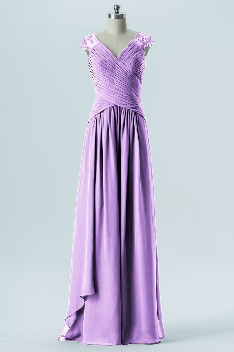 Chiffon Column Straps Cap Sleeves Bridesmaid Dress-B13637