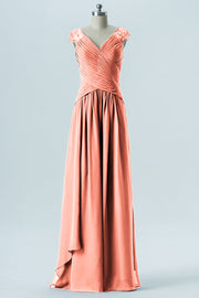Chiffon Column Straps Cap Sleeves Bridesmaid Dress-B13637