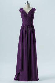 Chiffon Column Straps Cap Sleeves Bridesmaid Dress-B13637