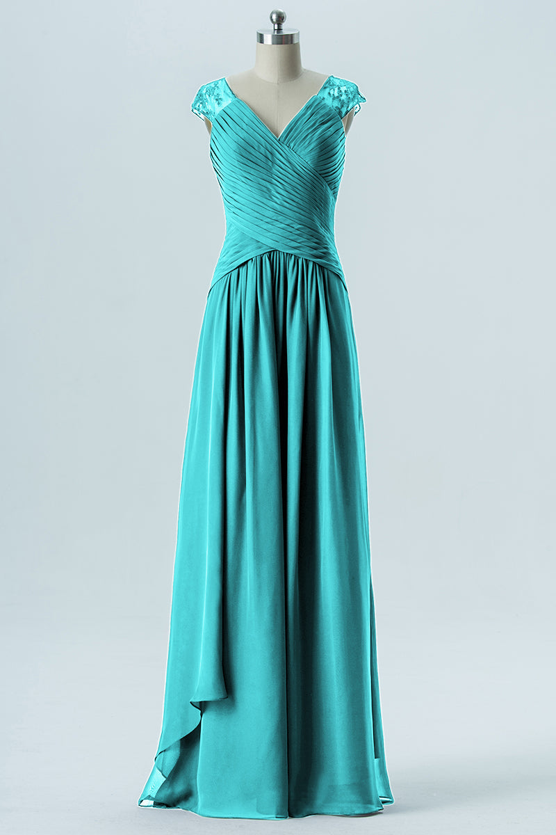 Chiffon Column Straps Cap Sleeves Bridesmaid Dress-B13637