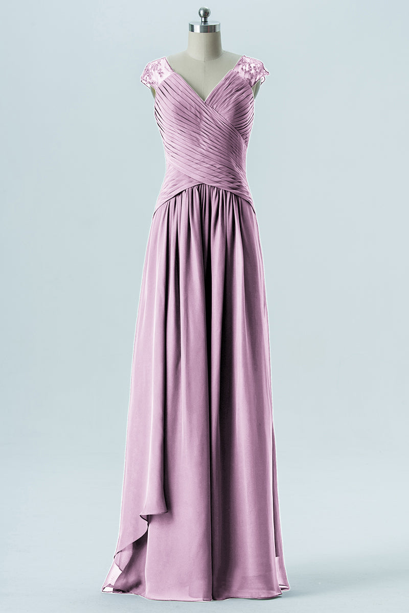 Chiffon Column Straps Cap Sleeves Bridesmaid Dress-B13637