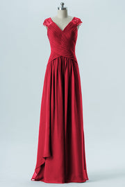 Chiffon Column Straps Cap Sleeves Bridesmaid Dress-B13637