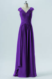 Chiffon Column Straps Cap Sleeves Bridesmaid Dress-B13637
