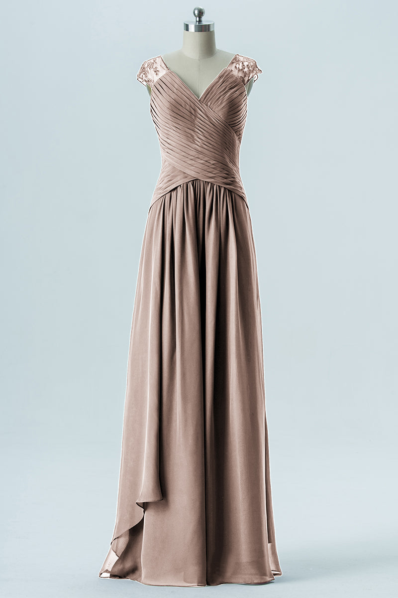 Chiffon Column Straps Cap Sleeves Bridesmaid Dress-B13637