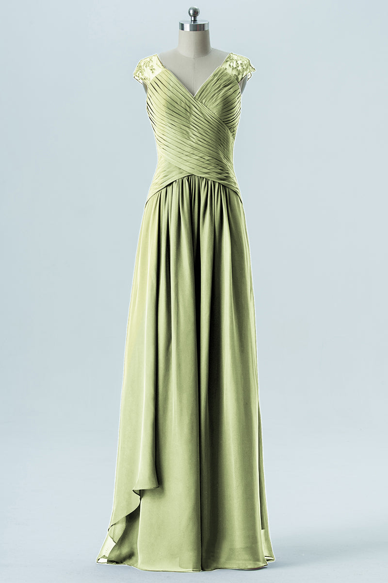 Chiffon Column Straps Cap Sleeves Bridesmaid Dress-B13637
