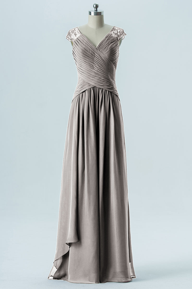 Chiffon Column Straps Cap Sleeves Bridesmaid Dress-B13637