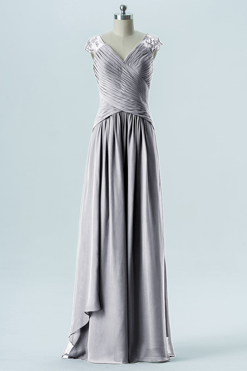Chiffon Column Straps Cap Sleeves Bridesmaid Dress-B13637