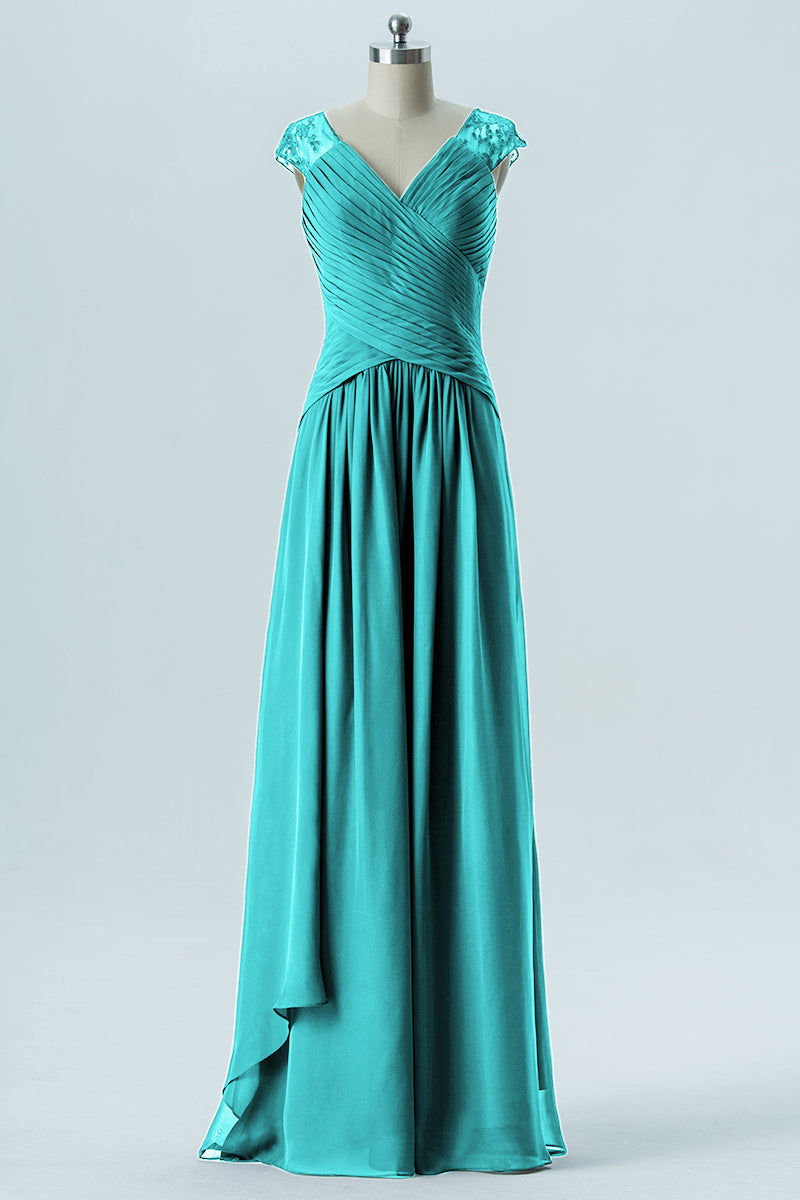 Chiffon Column Straps Cap Sleeves Bridesmaid Dress-B13637