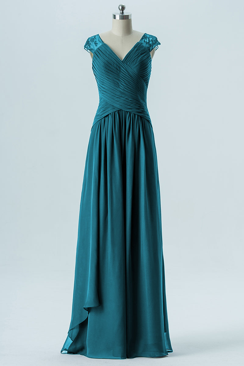 Chiffon Column Straps Cap Sleeves Bridesmaid Dress-B13637