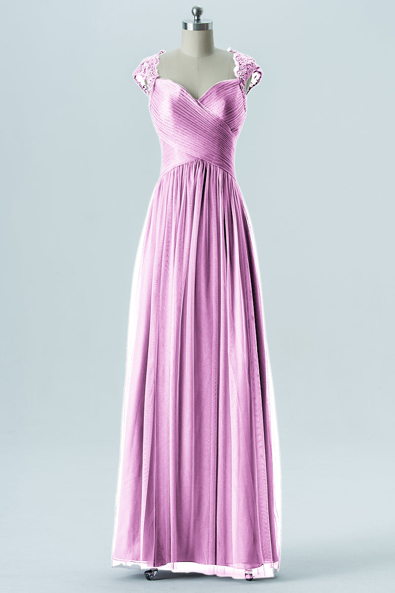 Lace Column Sweetheart Cap Sleeves Bridesmaid Dress-B13638
