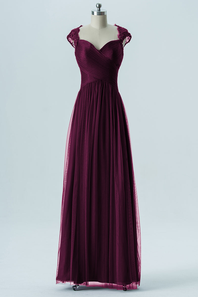 Lace Column Sweetheart Cap Sleeves Bridesmaid Dress-B13638