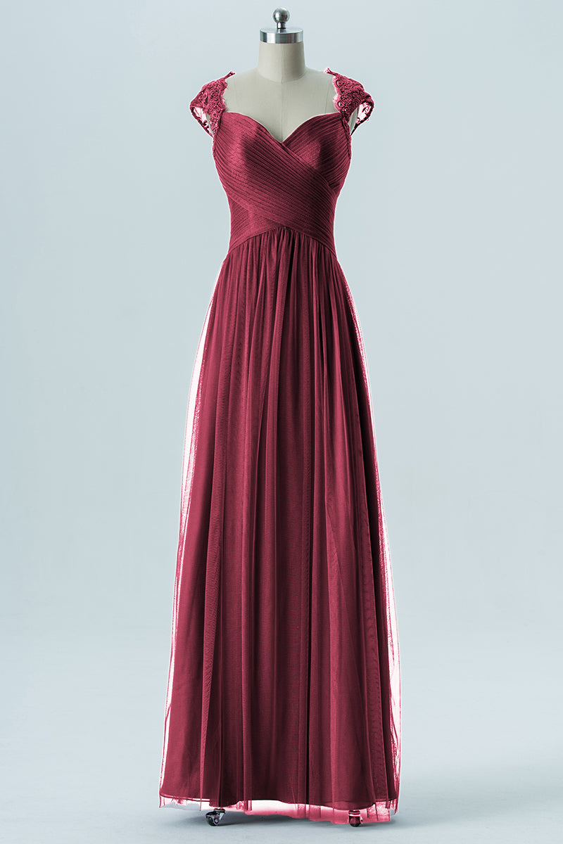 Lace Column Sweetheart Cap Sleeves Bridesmaid Dress-B13638