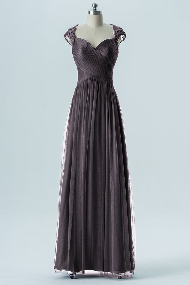 Lace Column Sweetheart Cap Sleeves Bridesmaid Dress-B13638