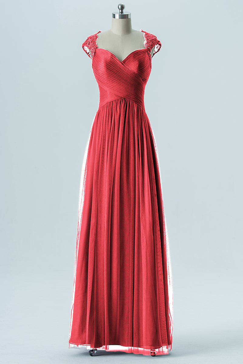 Lace Column Sweetheart Cap Sleeves Bridesmaid Dress-B13638