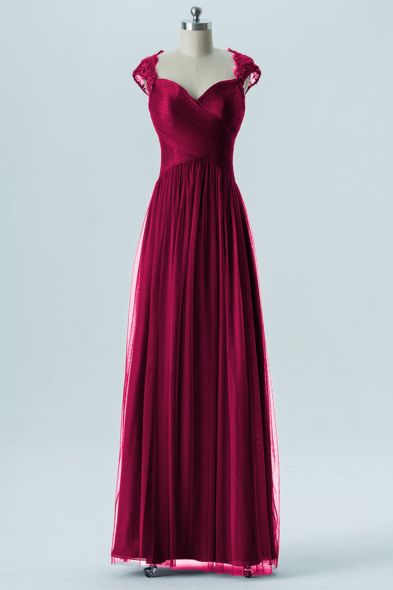 Lace Column Sweetheart Cap Sleeves Bridesmaid Dress-B13638