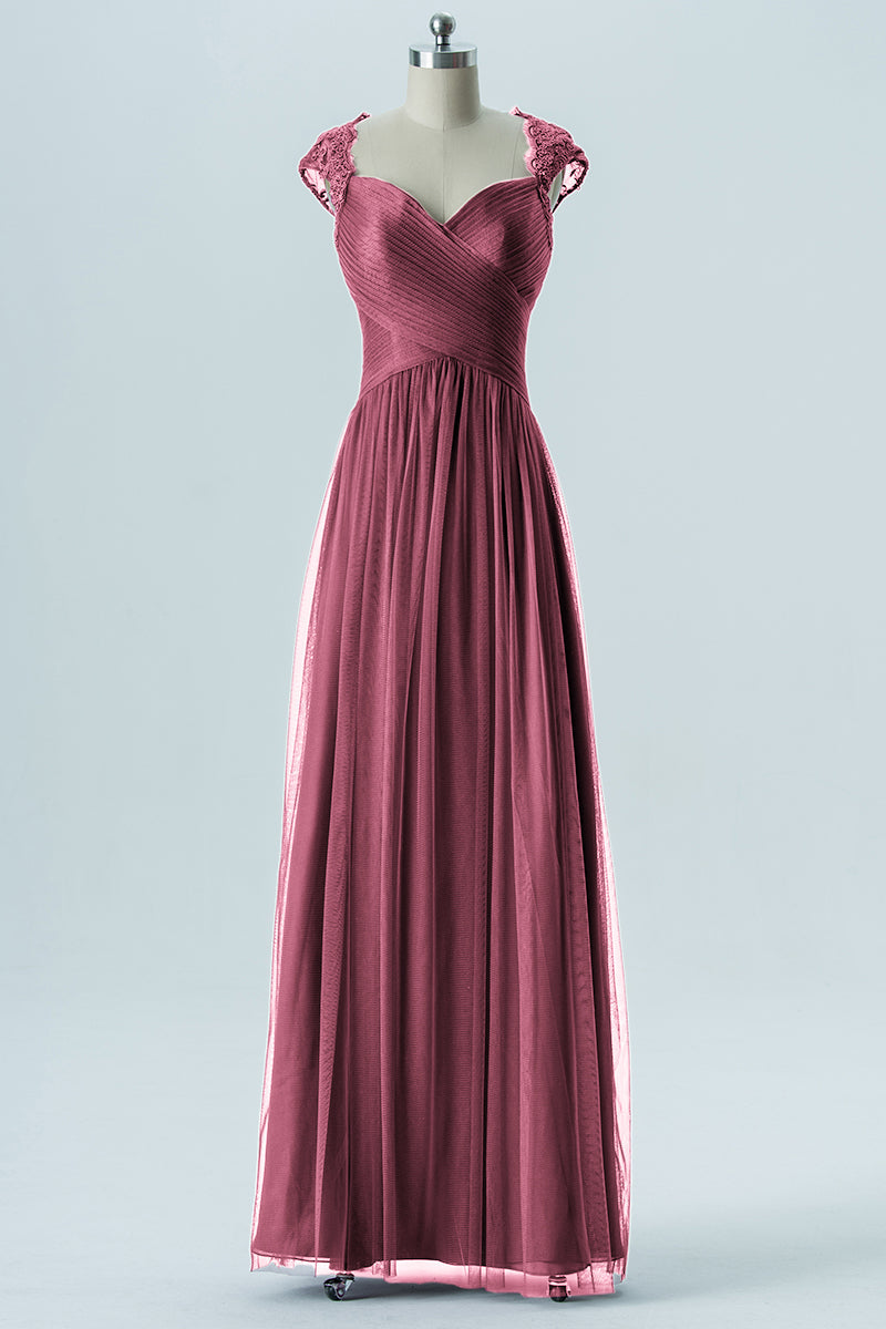 Lace Column Sweetheart Cap Sleeves Bridesmaid Dress-B13638