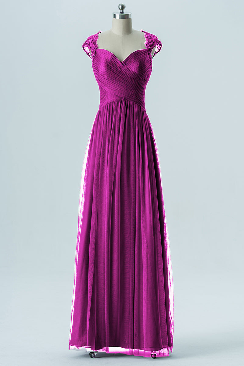 Lace Column Sweetheart Cap Sleeves Bridesmaid Dress-B13638