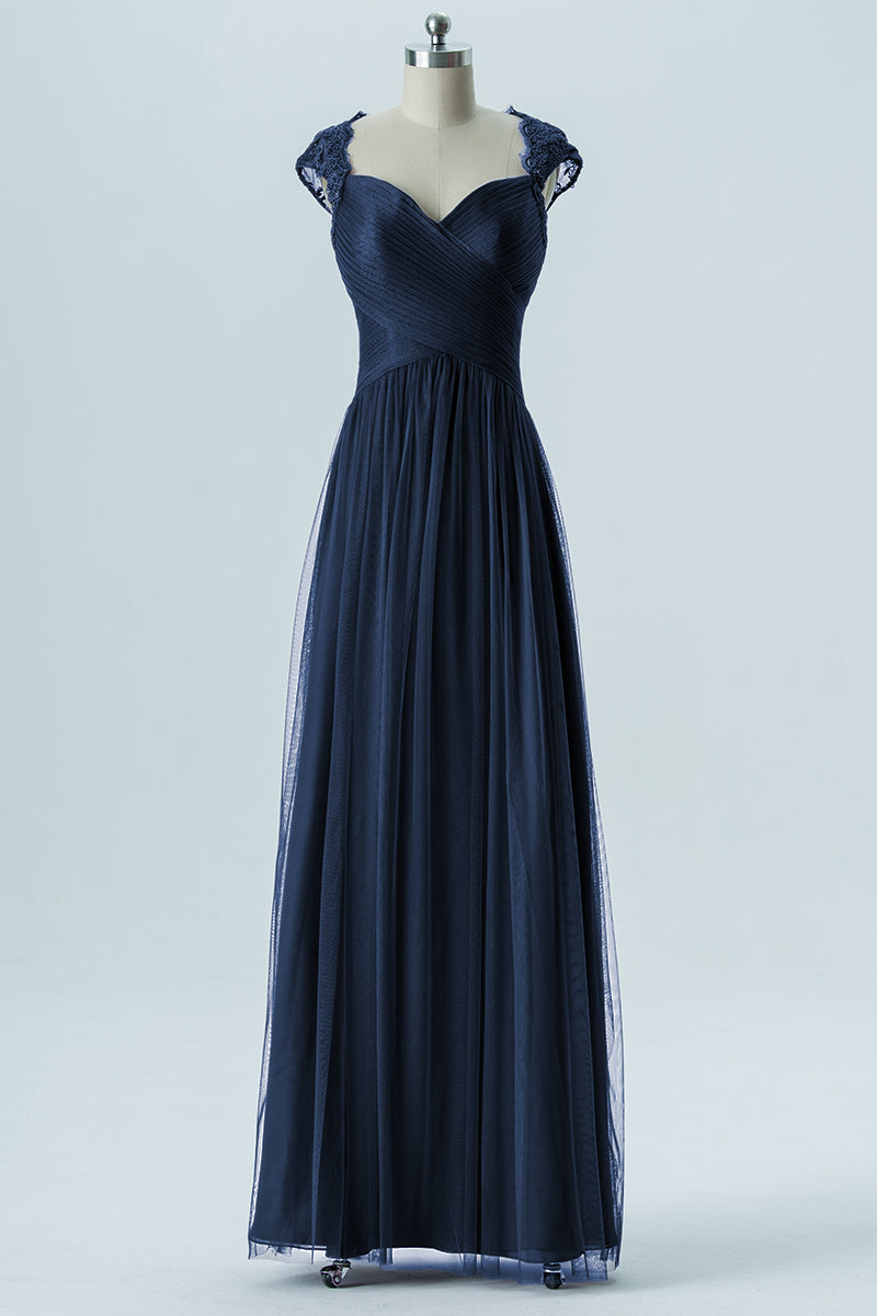 Lace Column Sweetheart Cap Sleeves Bridesmaid Dress-B13638