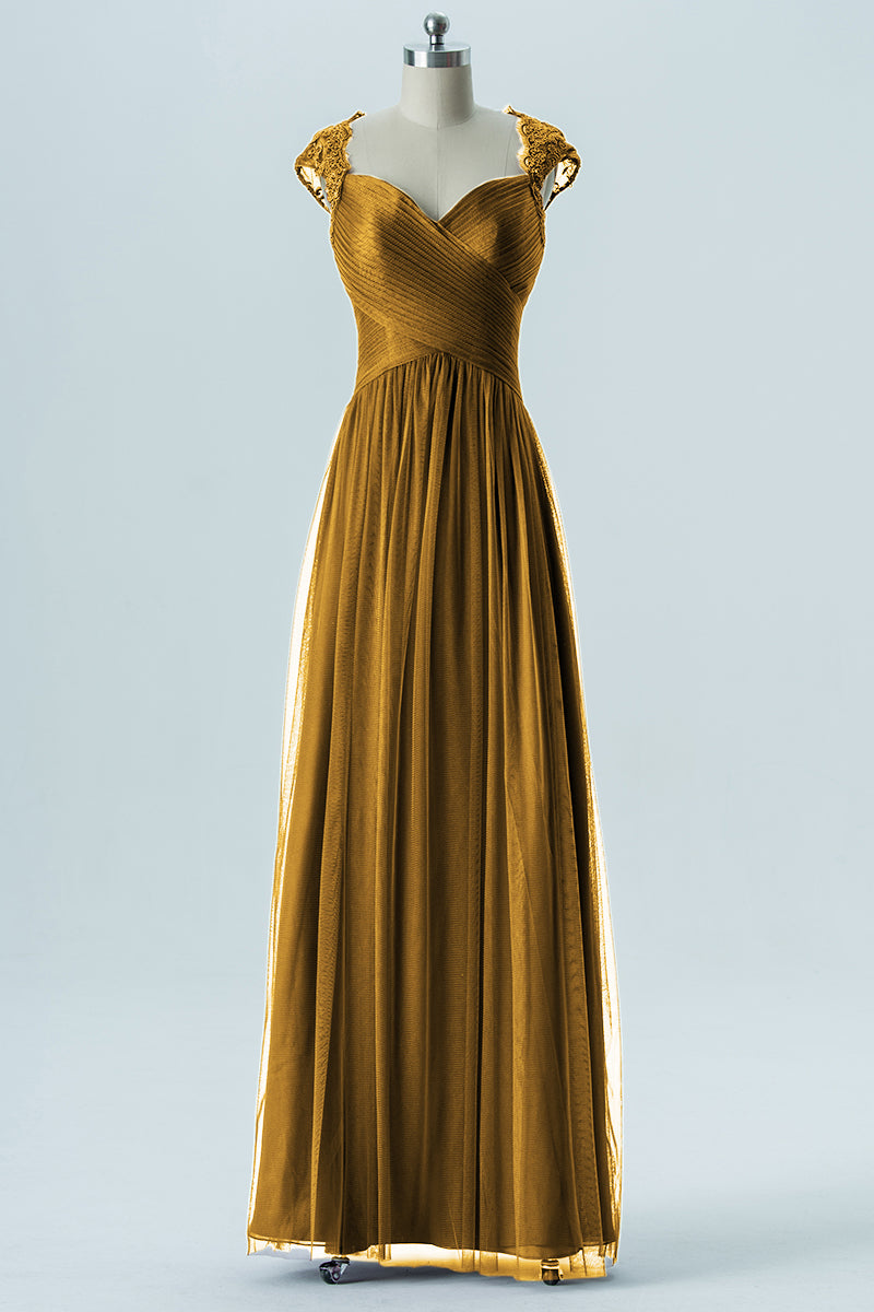 Lace Column Sweetheart Cap Sleeves Bridesmaid Dress-B13638
